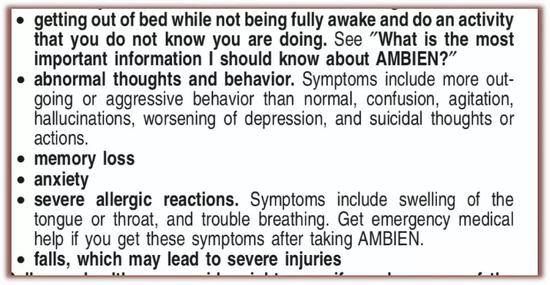 图注：安必恩《用药指南》中列出的服用该药可能产生的副作用