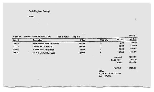先前购买的十几瓶红酒收据
