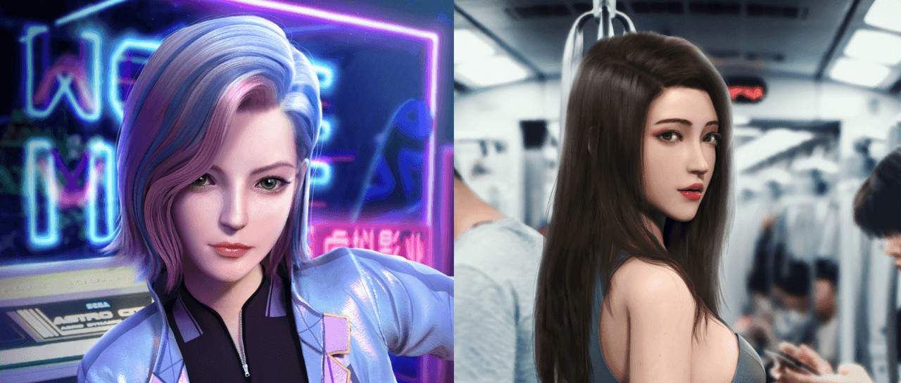 这是两张描绘虚拟女性角色的图片。左侧是带有赛博朋克风格的角色，右侧是在地铁车厢内的现实风格角色。