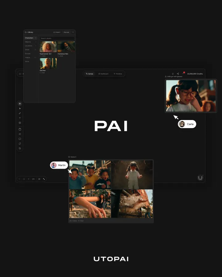 PAI 将剧本、角色与场景资产、镜头和修改记录组织在同一制作工作台中。图片来源:Utopai Studios PAI 将剧本、角色与场景资产、镜头和修改记录组织在同一制作工作台中。图片来源:Utopai Studios