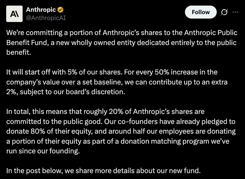 Anthropic co-founders pledged to donate 80% of their equity. : r/singularity
